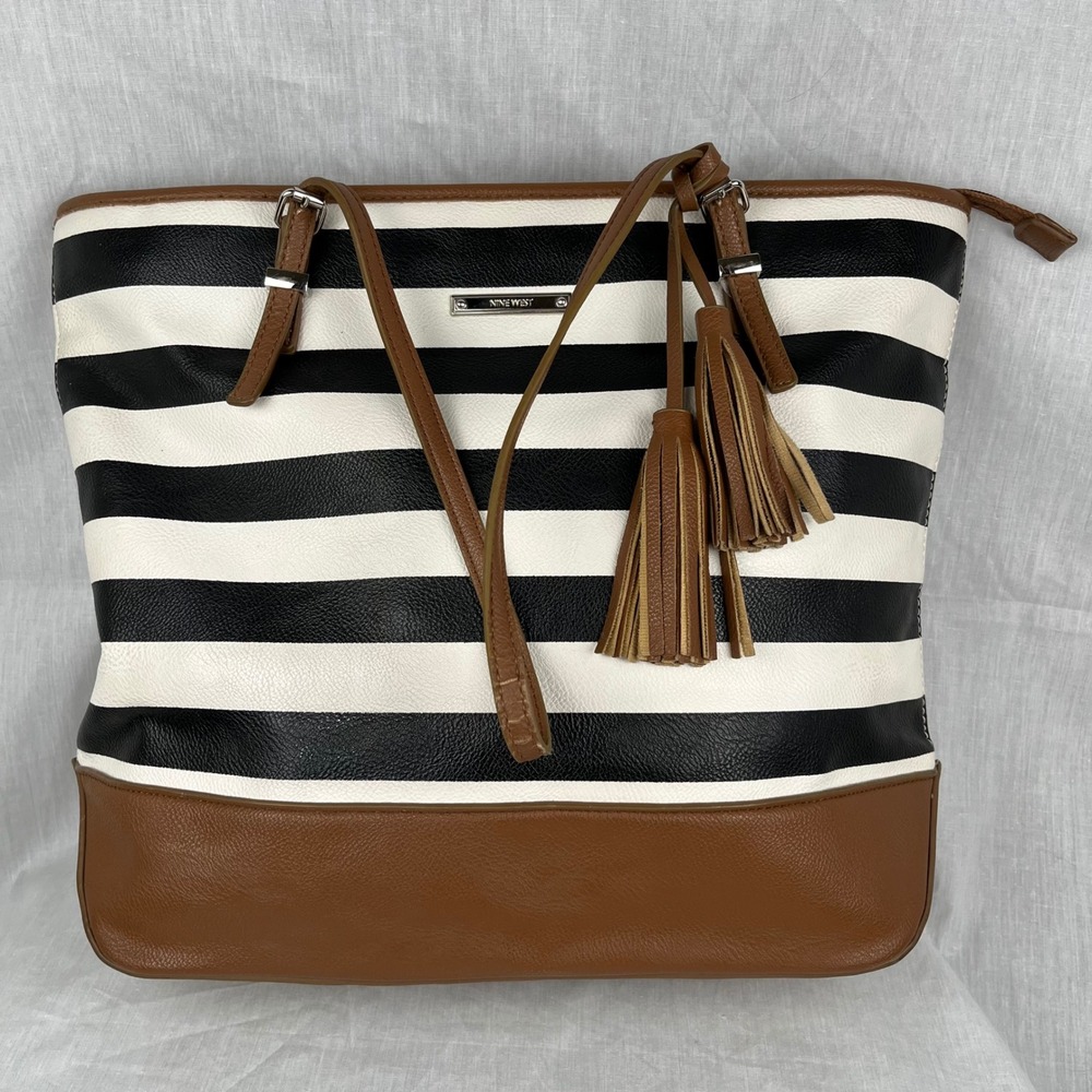 Nine West Tote Bag Black‎ White Striped Faux Leather Tassels Brown Trim